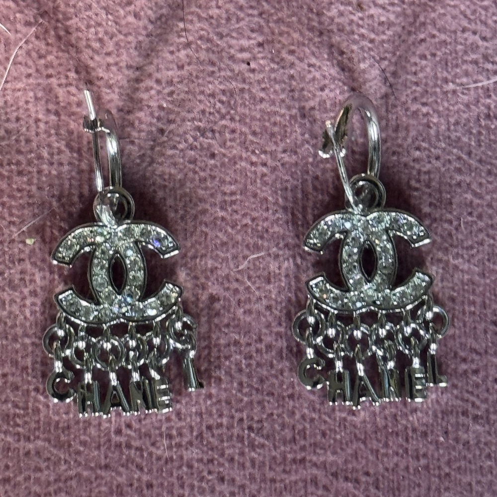 CHANEL Silver Logo Drop Earrings with Crystal Embellishments
